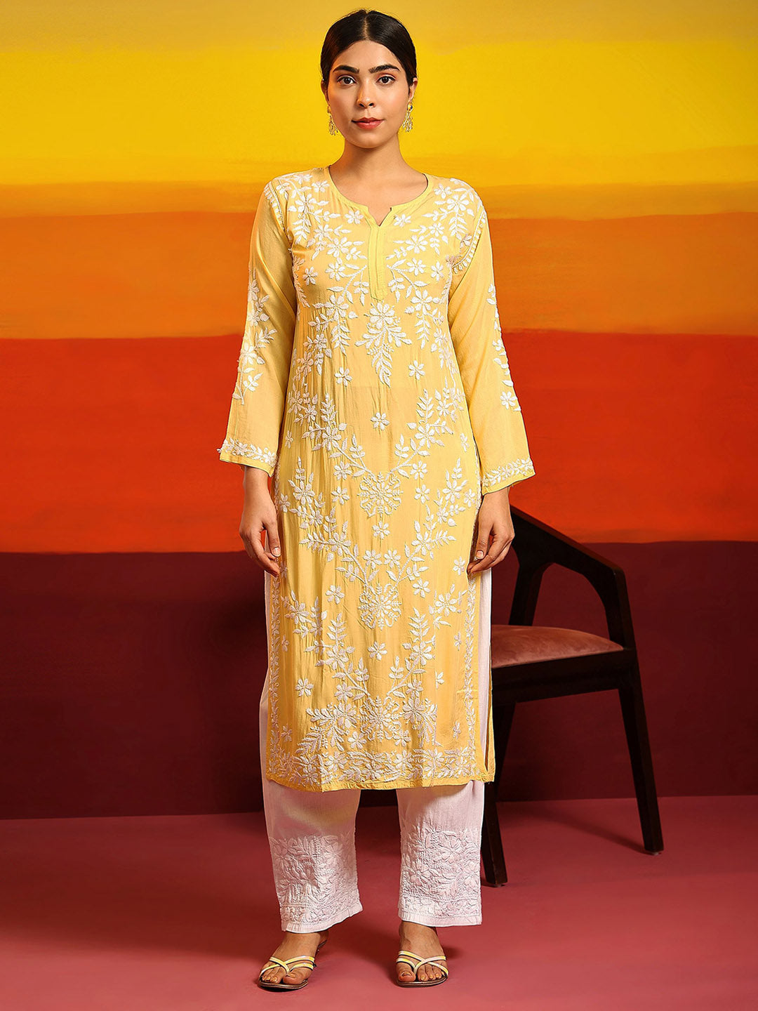 HOUSE OF KARI Ethnic Motifs Embroidered Chikankari Straight Kurta - Distacart