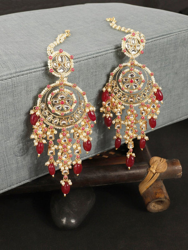 Anikas Creation Red & Gold Plated Kundan Contemporary Chandbalis With Ear Chain Earrings - Distacart