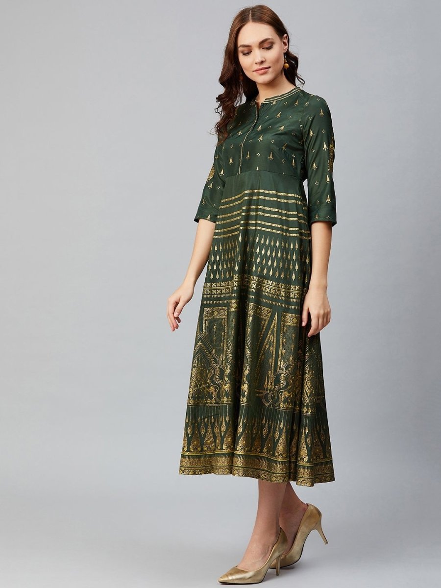 AURELIA Women Green & Golden Printed A-Line Dress - Distacart