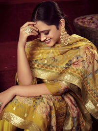 Thumbnail for Aastha Fashion Women's Mustard Organza Jacquard Woven Kurta with Trouser & Dupatta - Distacart
