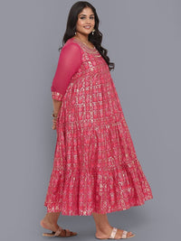 Thumbnail for AURELIA Pink Ethnic Motifs A-Line Midi Dress