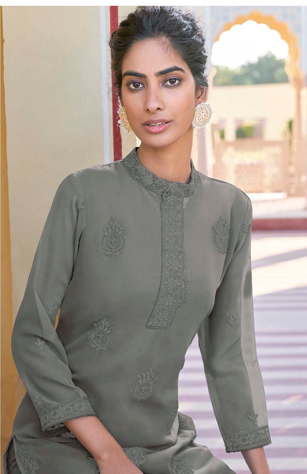 Monjolika Fashion Grey Embroidered Muslin Pant Style Suit