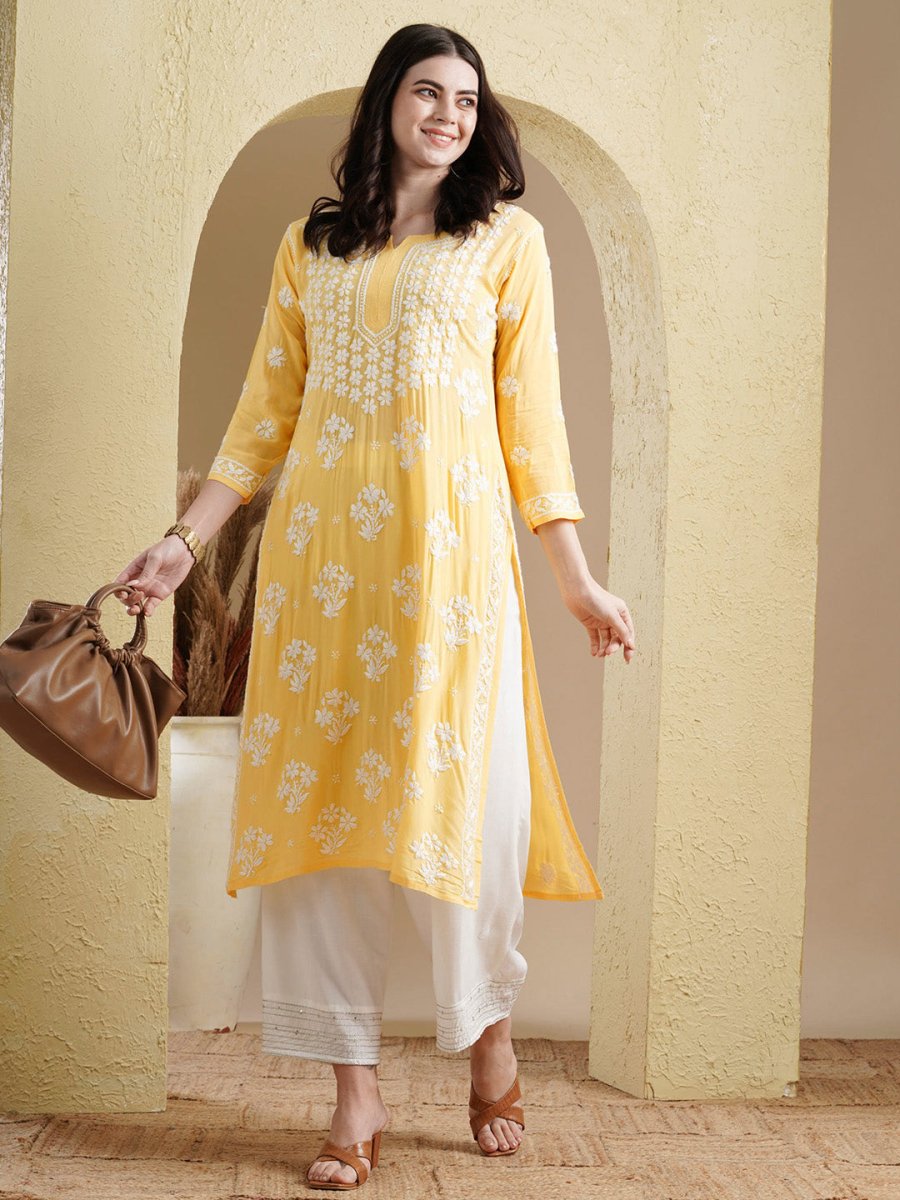 ADA Floral Lucknowi Chikankari Straight Kurta - Distacart