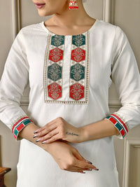 Thumbnail for Lyush Women's Round Neck Work Viscose Fabric Kurta Pant With Dupatta Set - Off White