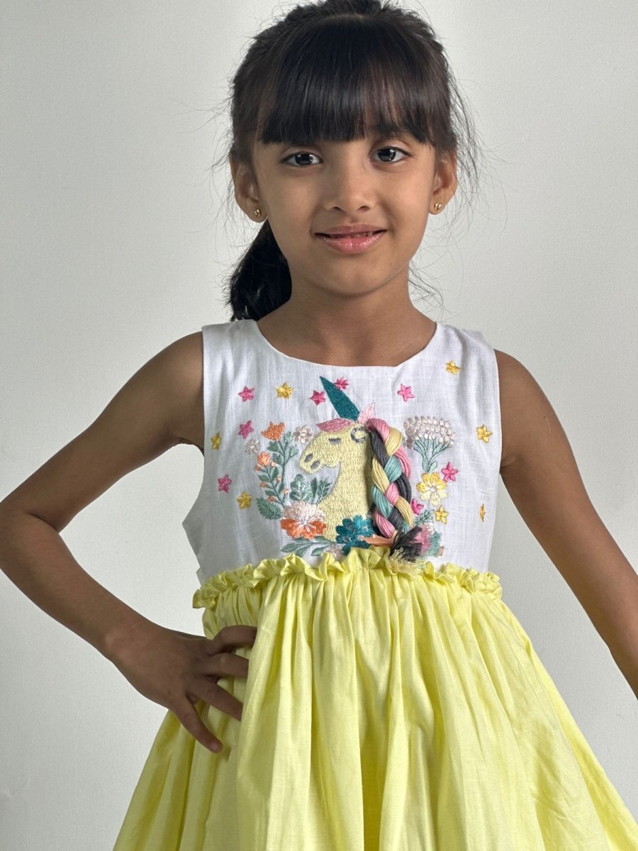 ArthLife White And Yellow Unicorn Embroidered Dress - Distacart