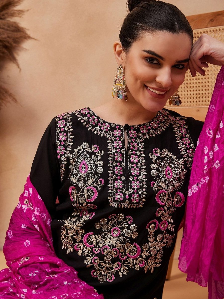 Anouk Floral Embroidered Regular Thread Work Pure Silk Kurta with Palazzos & Dupatta