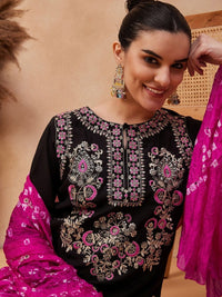 Thumbnail for Anouk Floral Embroidered Regular Thread Work Pure Silk Kurta with Palazzos & Dupatta