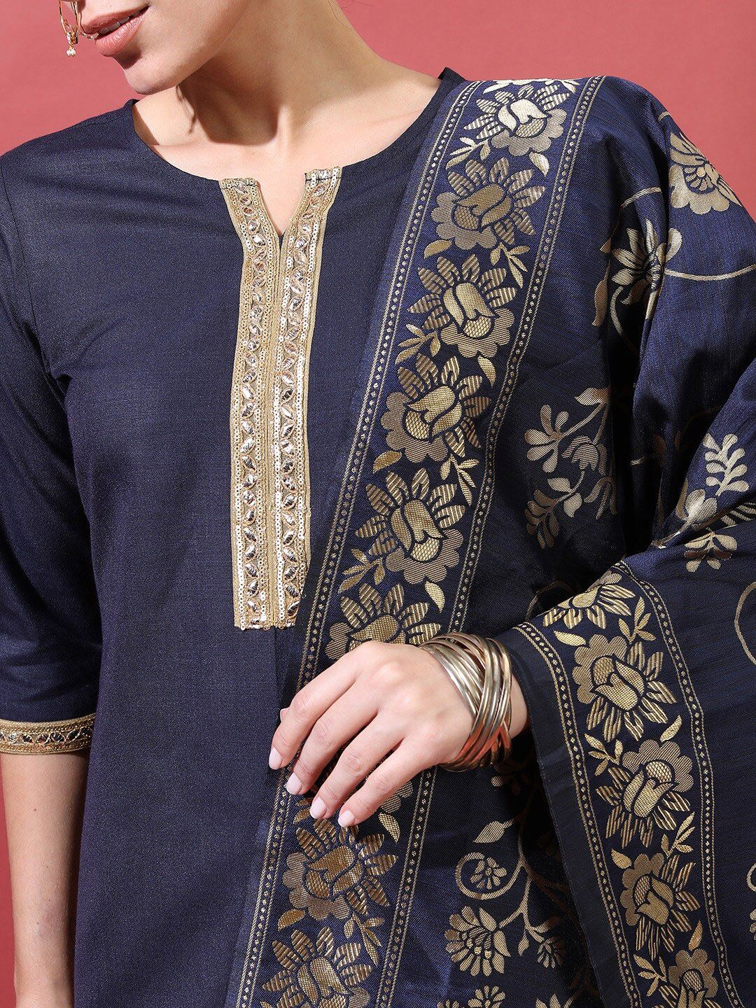 Vishudh Women Navy Blue Ethnic Motifs Kurta with Trousers & Dupatta