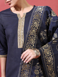 Thumbnail for Vishudh Women Navy Blue Ethnic Motifs Kurta with Trousers & Dupatta