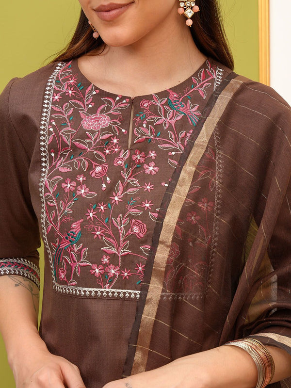 Vishudh Brown Ethnic Motifs Embroidered Kurta & Trousers With Dupatta - Distacart