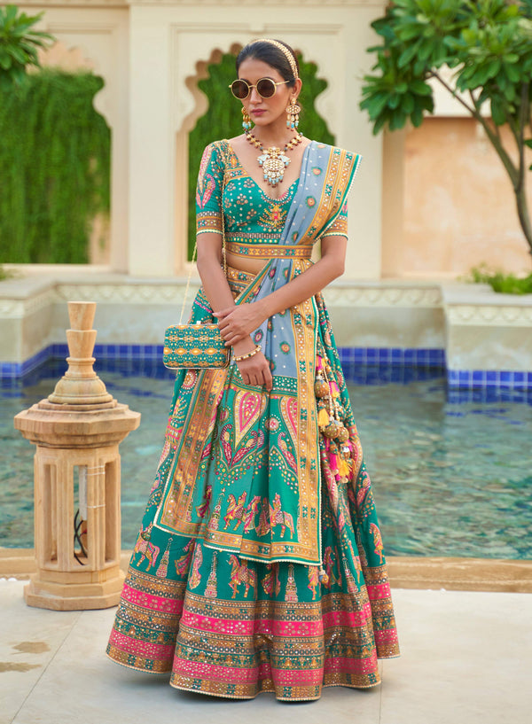 Monjolika Fashion Turquoise Color Heavy Rajwadi Silk Designer Lehenga Choli