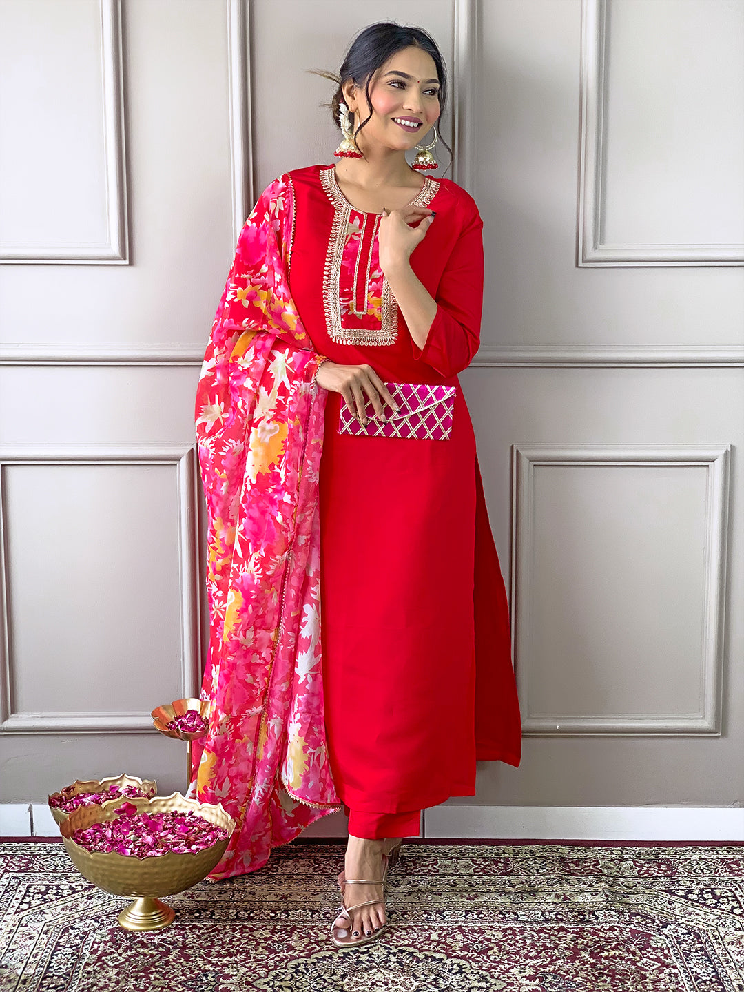 The52 Women's Rayon Fabric Straight Kurta, Pant and Dupatta Set