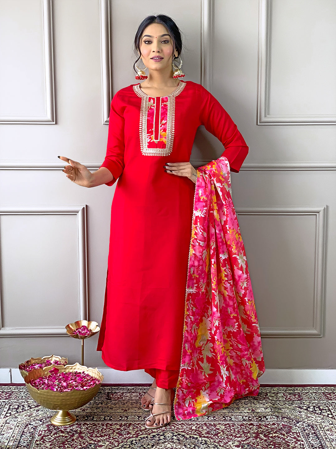 The52 Women's Rayon Fabric Straight Kurta, Pant and Dupatta Set