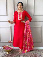 Thumbnail for The52 Women's Rayon Fabric Straight Kurta, Pant and Dupatta Set