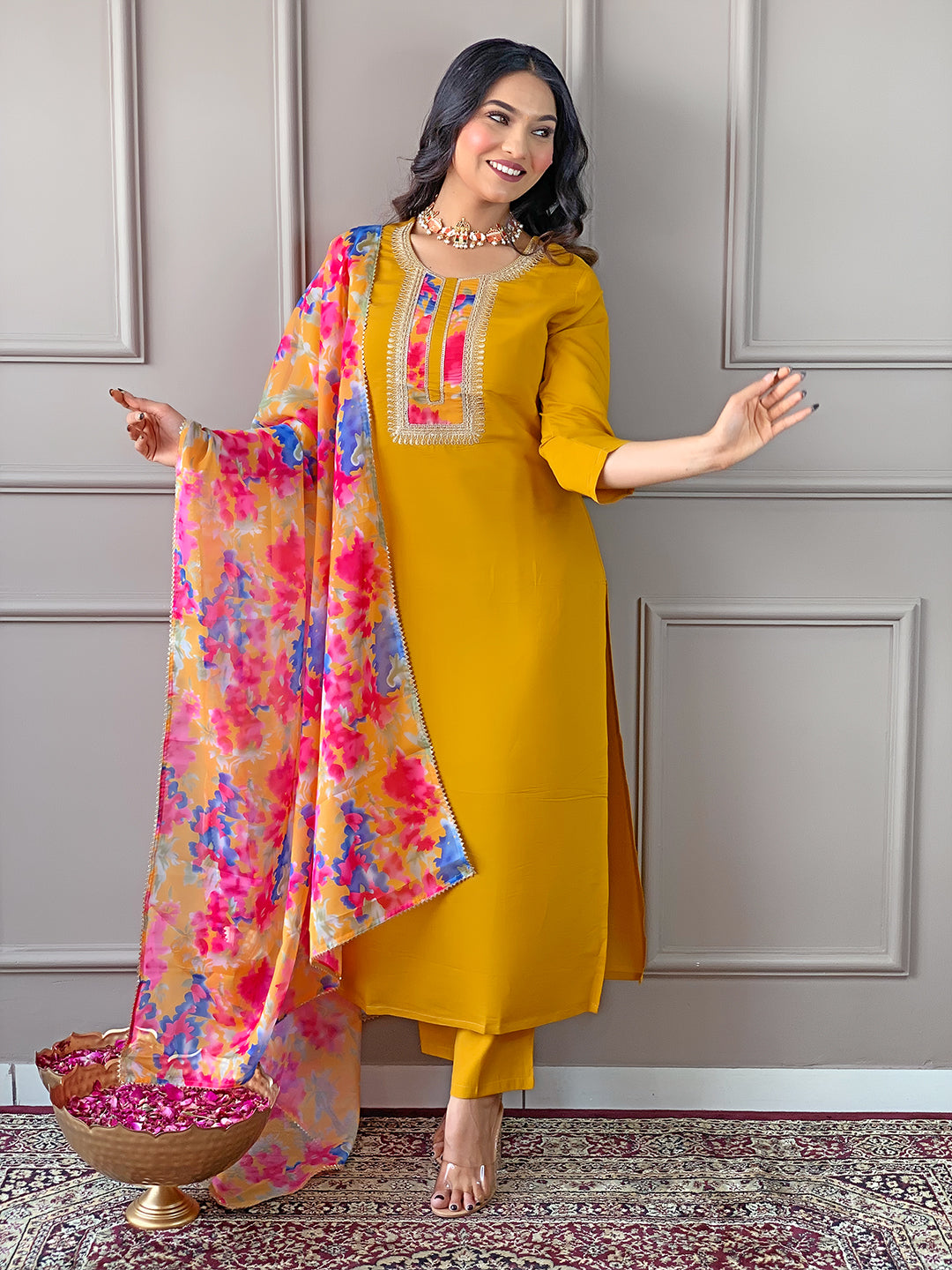 The52 Women's Rayon Fabric Straight Kurta, Pant and Dupatta Set
