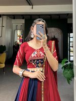 Thumbnail for Vastranavya Navaratri Special Rayon with Printed Patch With Gota Patti And Paper Mirror Work And Cowrie (Kodi) Lace Touch Up Lehenga with Stitched Blouse - Navy Blue - Distacart