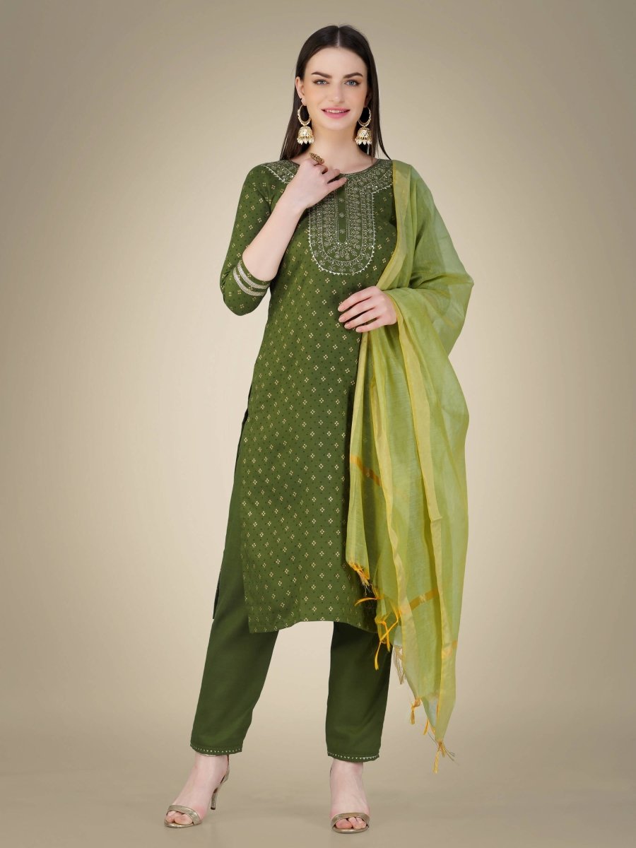 Aastha Fashion Women's Mehendi Cotton Magic Slub Embroidery & Sequence Work Kurta with Trouser & Dupatta - Distacart