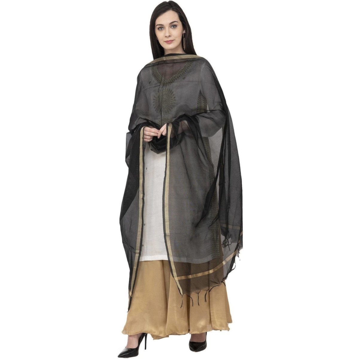 A R SILK Chanderi Piping Regular Dupatta Black Color Dupatta or Chunni
