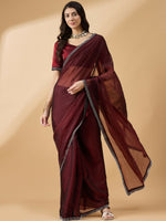 Thumbnail for Brown Organza Swaroski Diamond Work Saree with Unstitched Blouse - Radha - Distacart