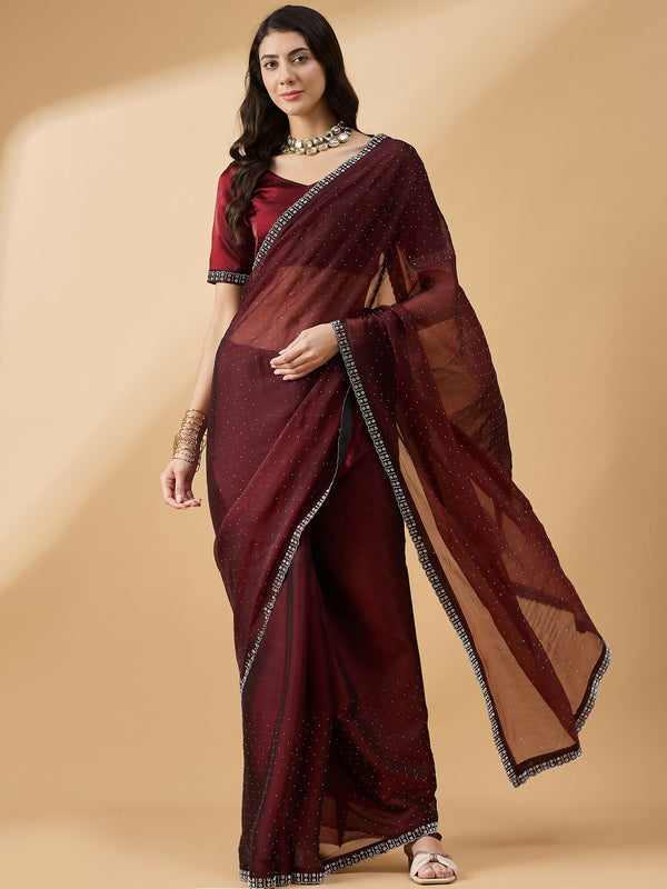 Brown Organza Swaroski Diamond Work Saree with Unstitched Blouse - Radha - Distacart