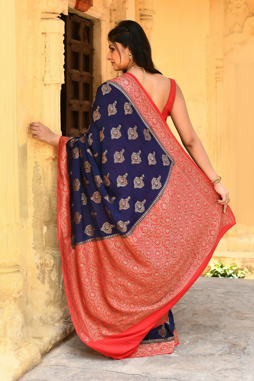 Joban Fashion Navy Blue Crepe Chiffon Pure Handloom Banarasi Silk Saree