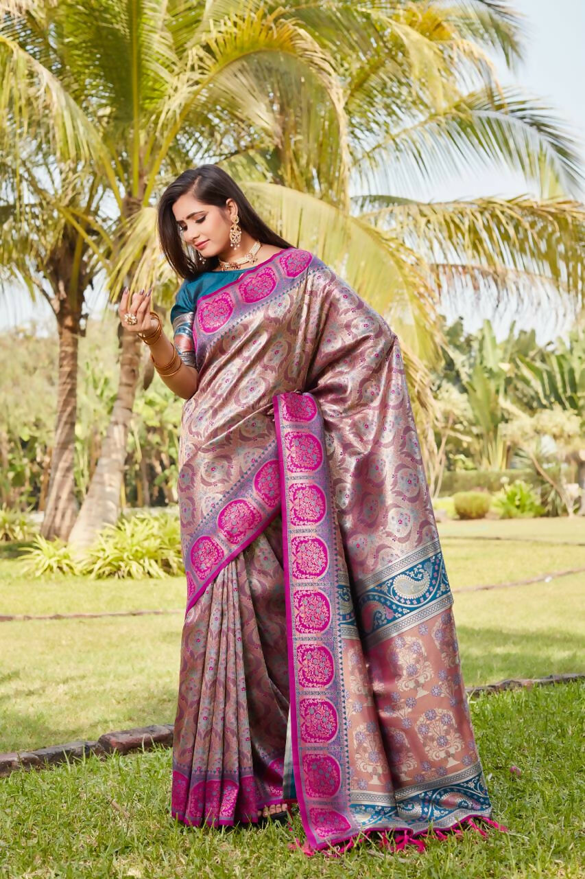 Vastranavya Boutique Collection Kanjivaram Soft Silk Saree With Unstitched Blouse - Dark_Peach - Distacart