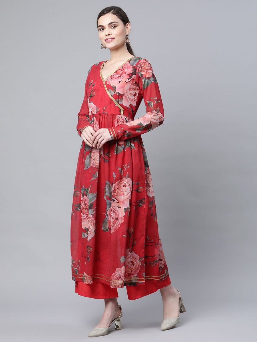 Ahalyaa Women Red Georgette Digital Floral Printed Kurta Palazzo Set - Distacart