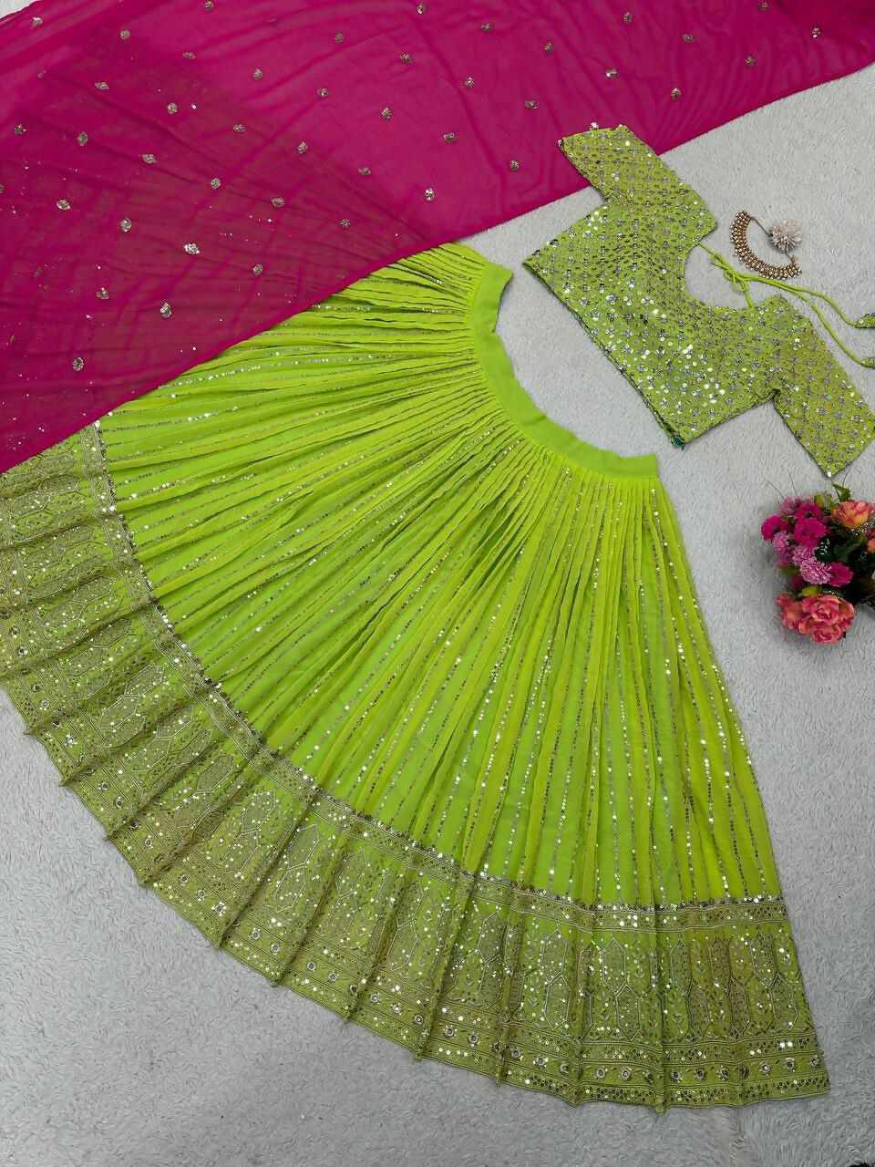 Jyoti Fashion Women's Green Faux Georgette Sequins with Thread Embroidered Designer Lehenga Choli Set