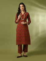 Thumbnail for Myshka Women's Rust Printed Cotton Straight Party Kurta Set - Distacart