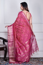 Thumbnail for Morchari Pink Script Printed Orzanga Saree Unstitched Blouse