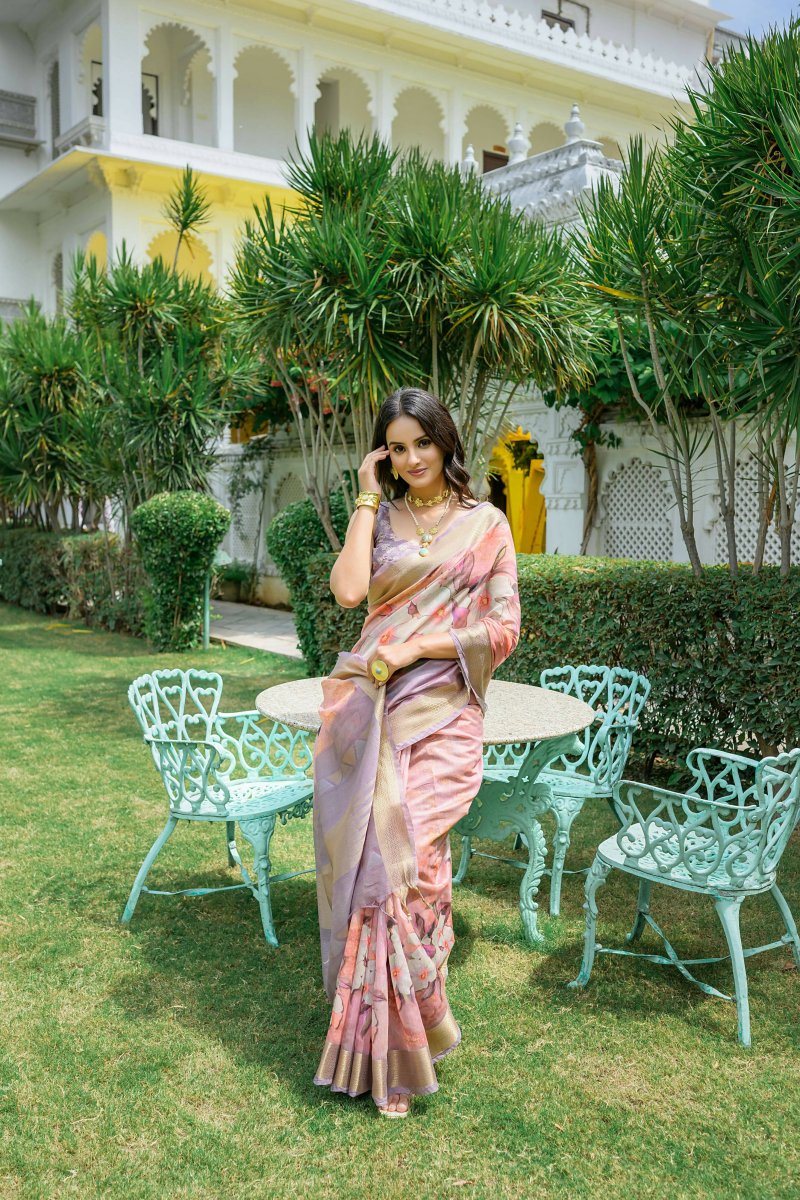 Aastha Fashion Peach Digital Printed Cotton Saree with Blouse - Distacart