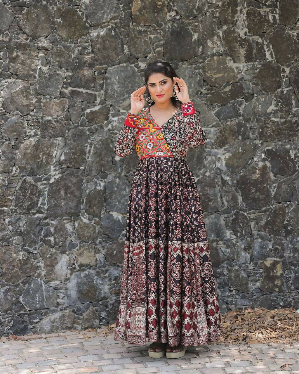 Preksha Creation Exclusive For Navratri Wear Rayon Printed With Mirror Work Gown - Black
