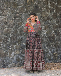 Thumbnail for Preksha Creation Exclusive For Navratri Wear Rayon Printed With Mirror Work Gown - Black