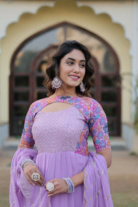 Thumbnail for Aastha Fashion Lavender Faux Georgette Printed Gown With Pant