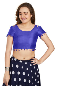 Thumbnail for Aastha Fashion Women's Blue Art Silk Pom Pom Lace Readymade Blouse - Distacart