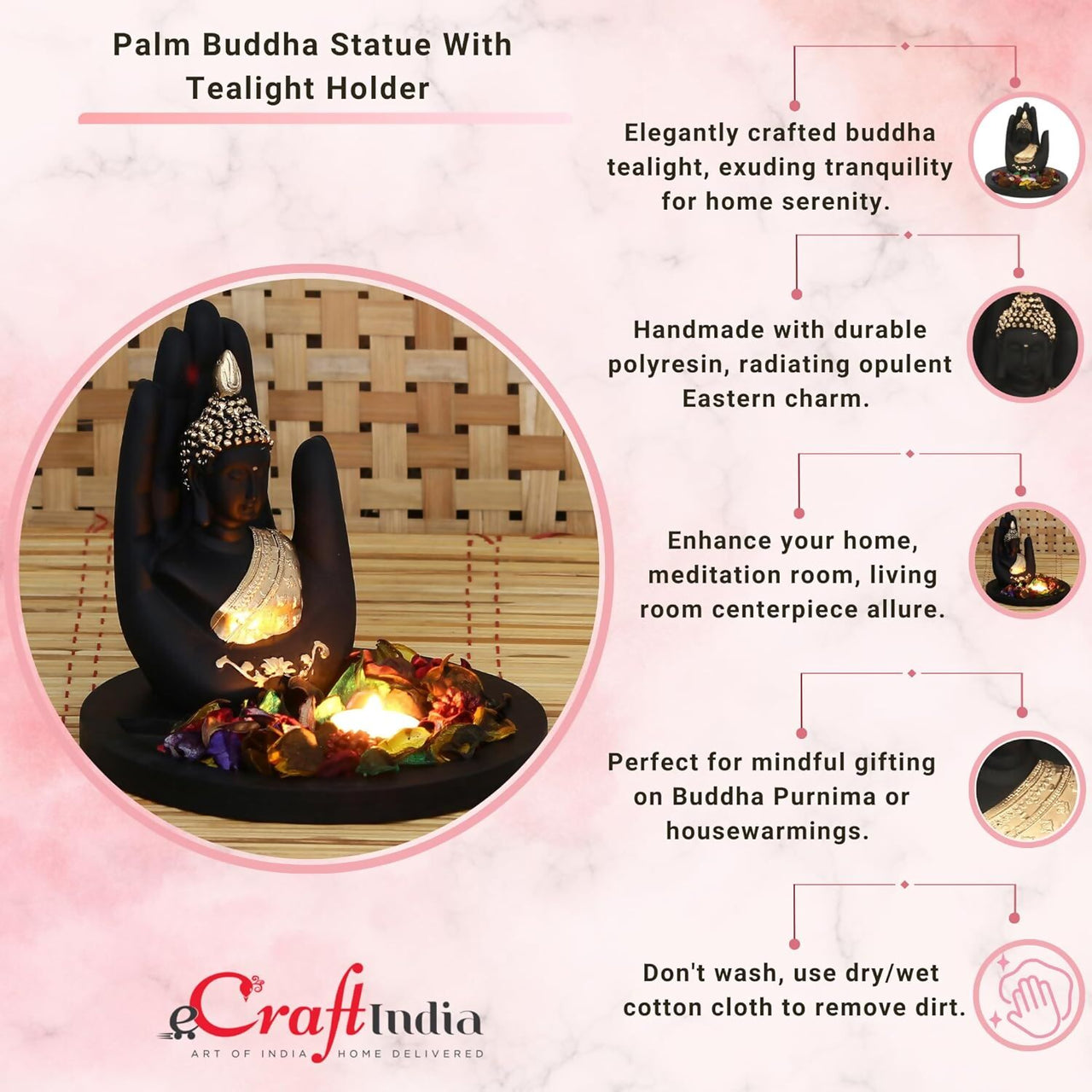 eCraftIndia Black and Golden Polyresin Palm Buddha Statue - Distacart