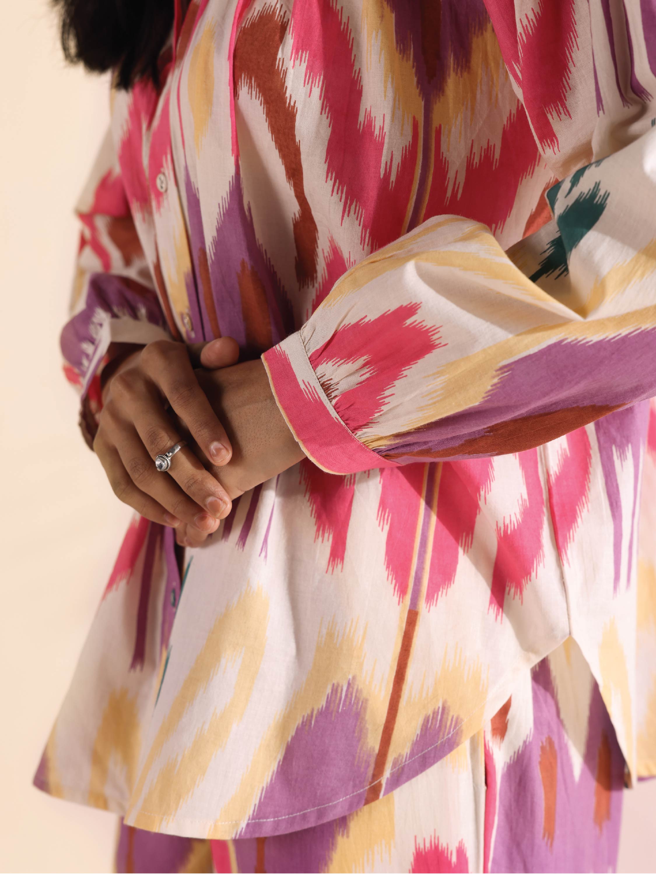 trueBrowns Pink Cotton Ikat Shirt Co-ord Set - Distacart