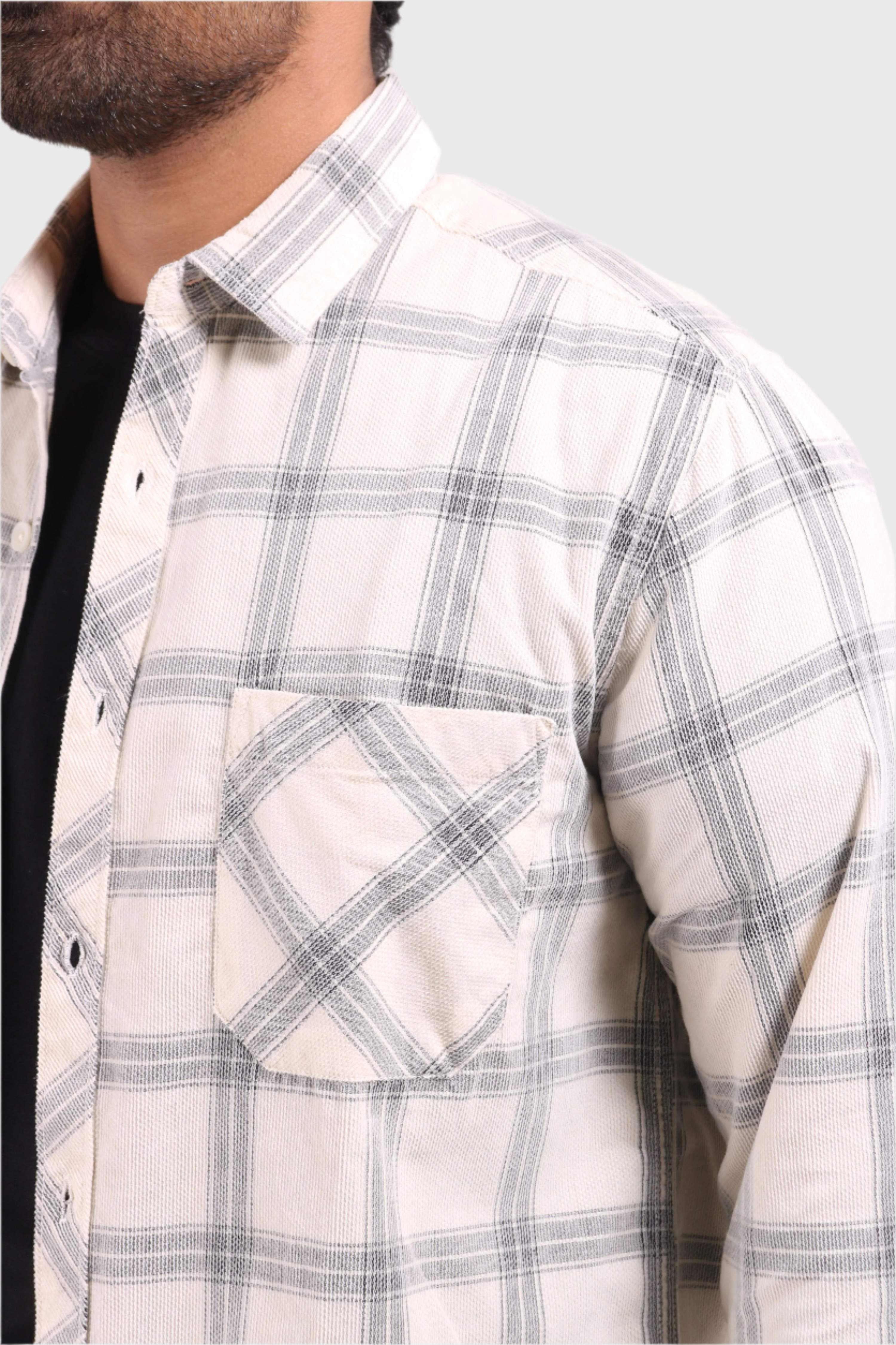 Jonesburg Off White Checks Fine Corduroy Regular Fit Shirt