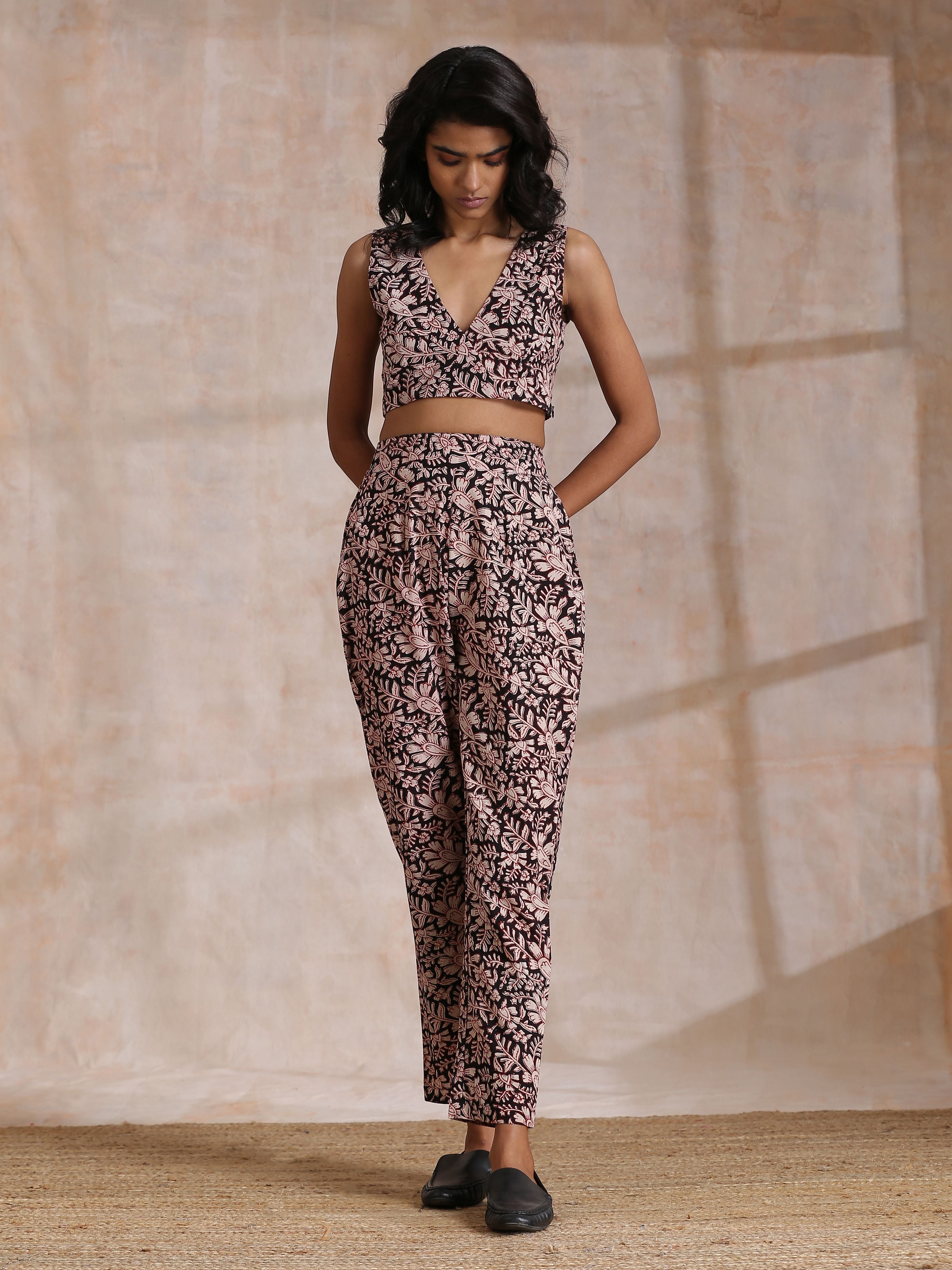 trueBrowns Black Floral Overall Bagru Print Cotton Pant Suit Set - Distacart