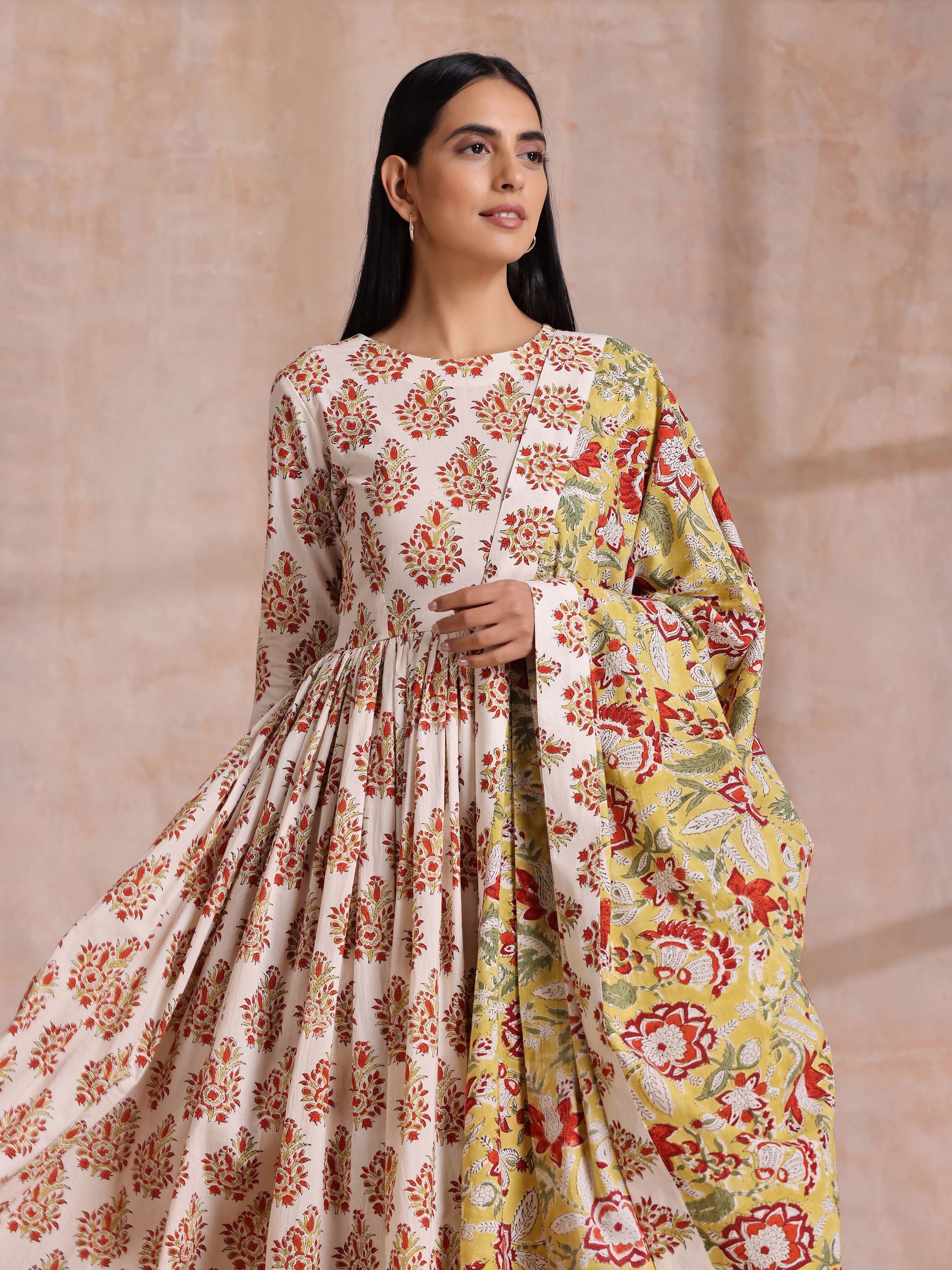 trueBrowns White With Red Yellow Buta Block Print Cotton Kurta Pant Dupatta Set - Distacart