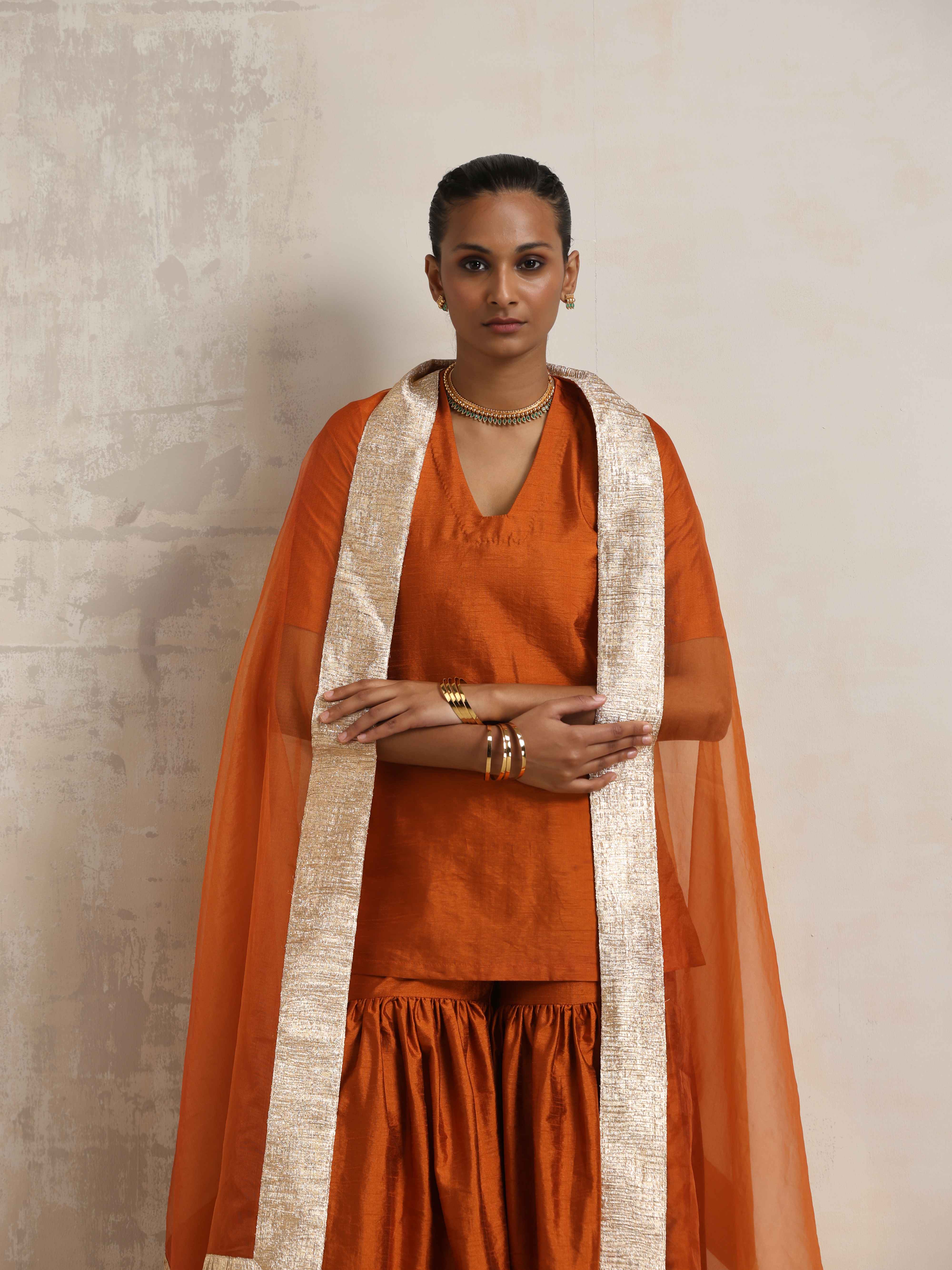trueBrowns Orange Silk Sharara Dupatta Set - Distacart