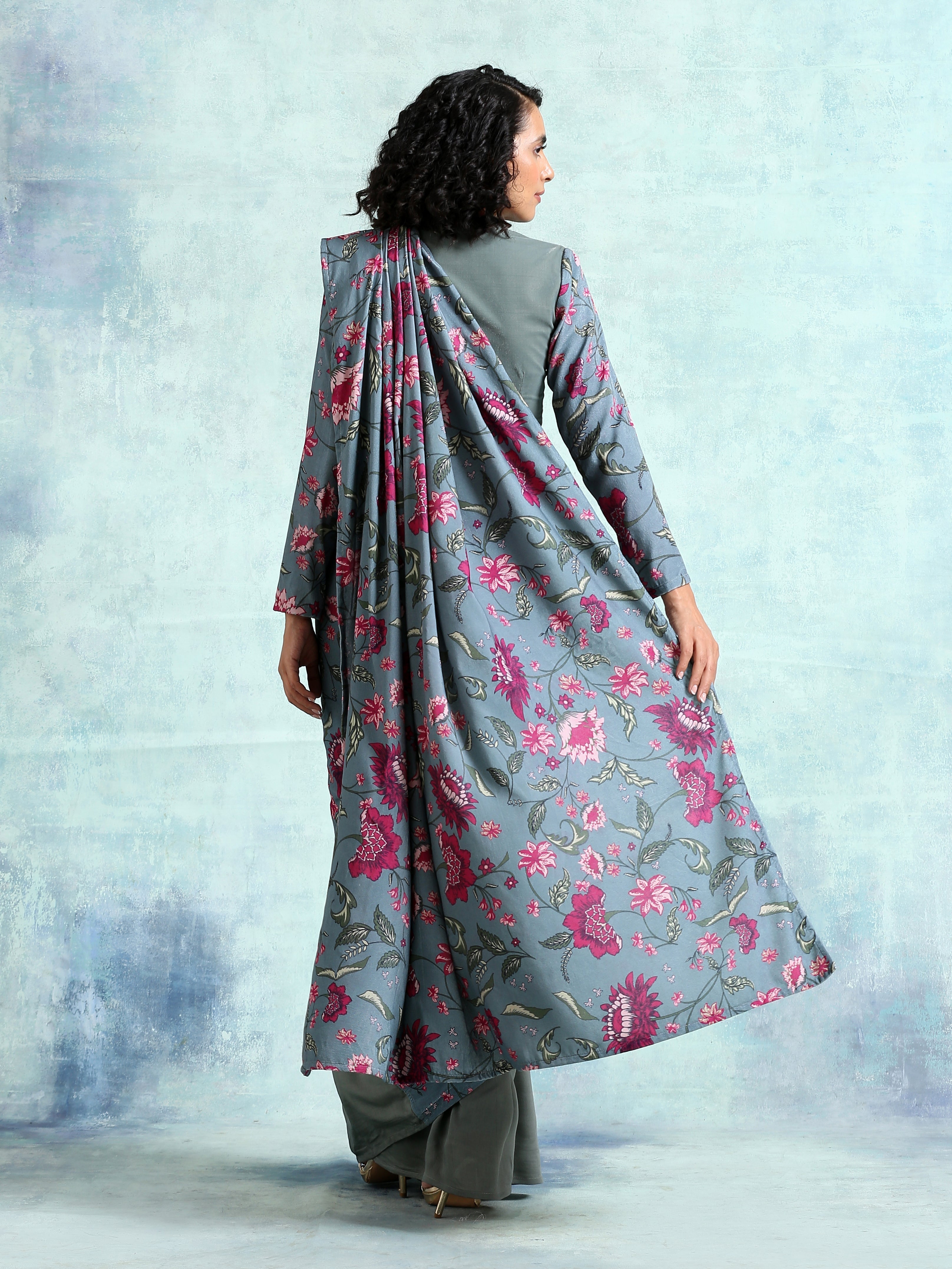 trueBrowns Grey Printed Velvet Ready to Wear Saree - Distacart