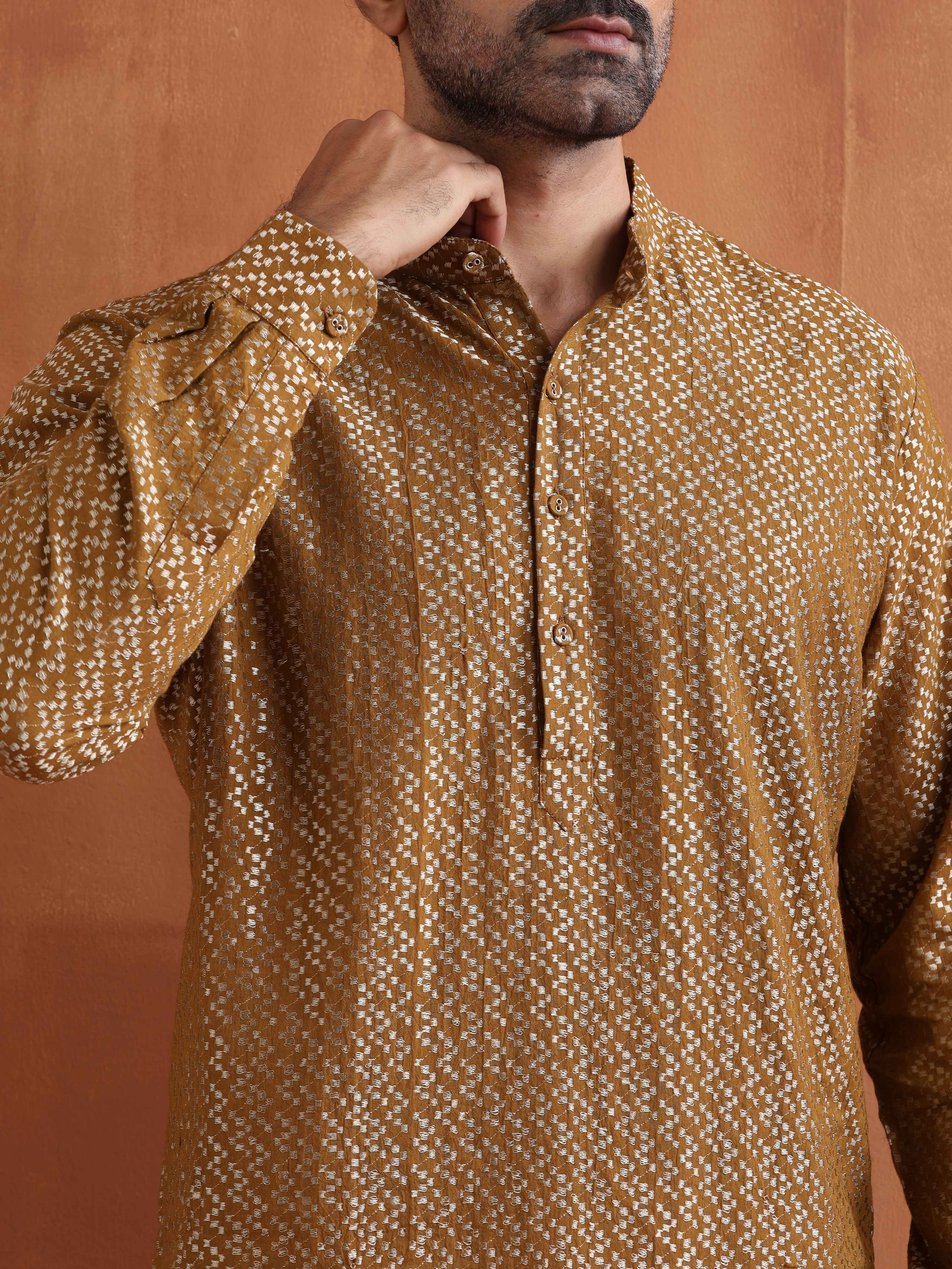 trueBrowns Men's Mustard Cotton Dobby Short Kurta - Distacart