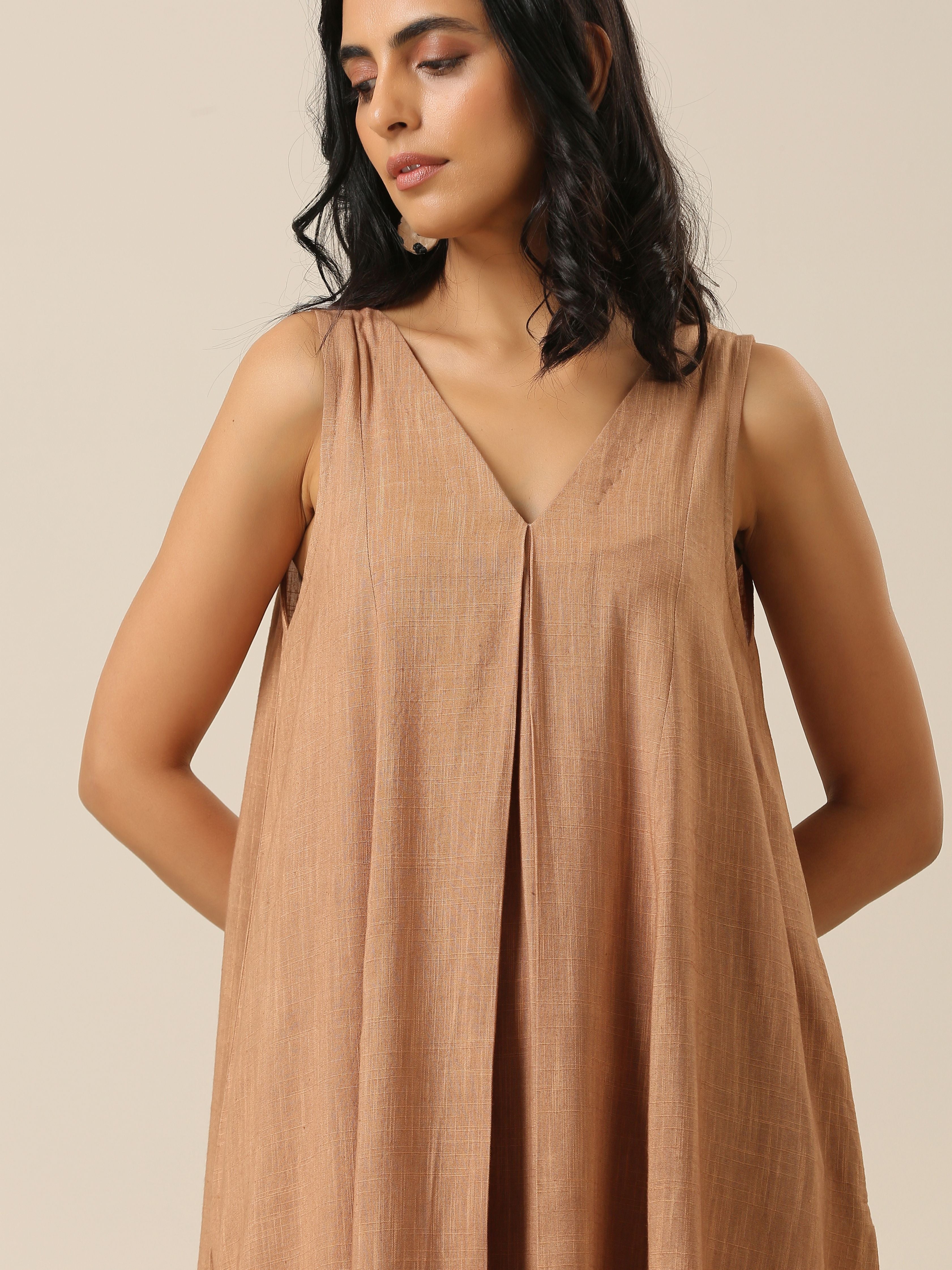 trueBrowns Beige Slub Texture Sleeveless Flared Kurta Pant Set - Distacart