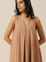 Thumbnail for trueBrowns Beige Slub Texture Sleeveless Flared Kurta Pant Set - Distacart