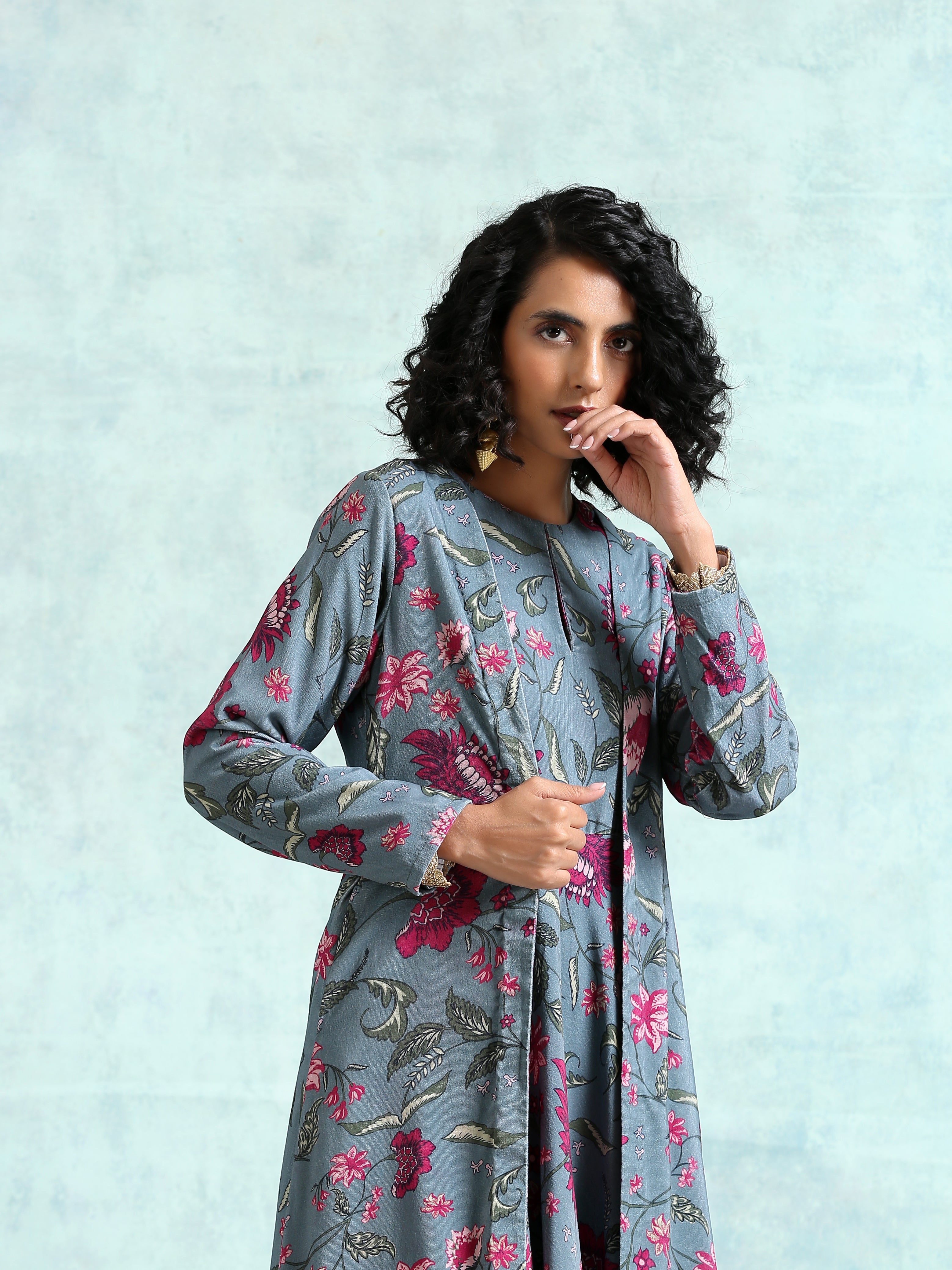 trueBrowns Grey Printed Velvet Overlay Jacket - Distacart