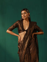 Thumbnail for trueBrowns Black Cotton Gold Lurex Deep V-Neck Blouse - Distacart