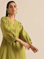 Thumbnail for trueBrowns Fresh Green Dobby Puff Sleeve Kurta Pant Set - Distacart