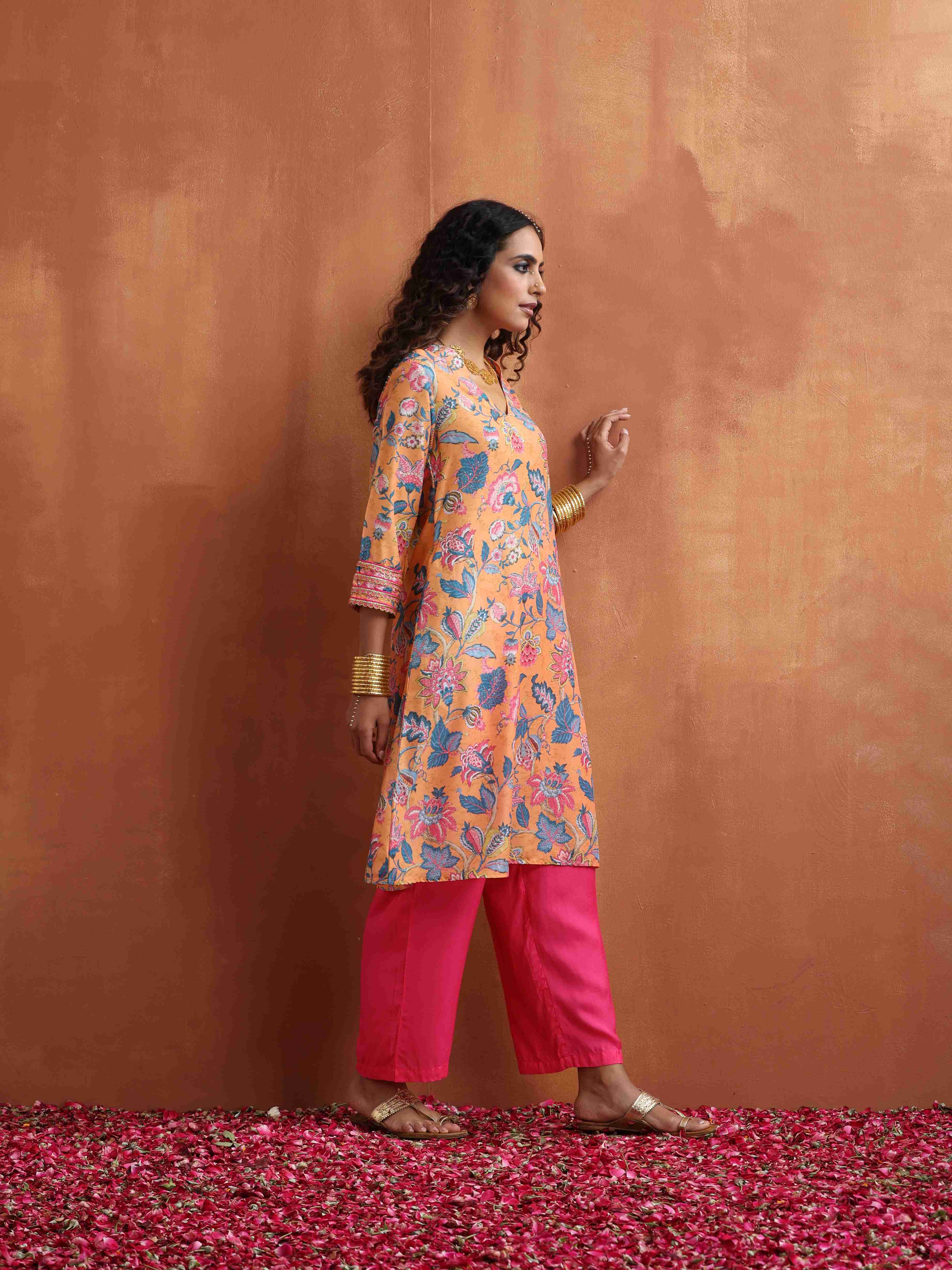 trueBrowns Orange Print Kurta Co-ord Set - Distacart