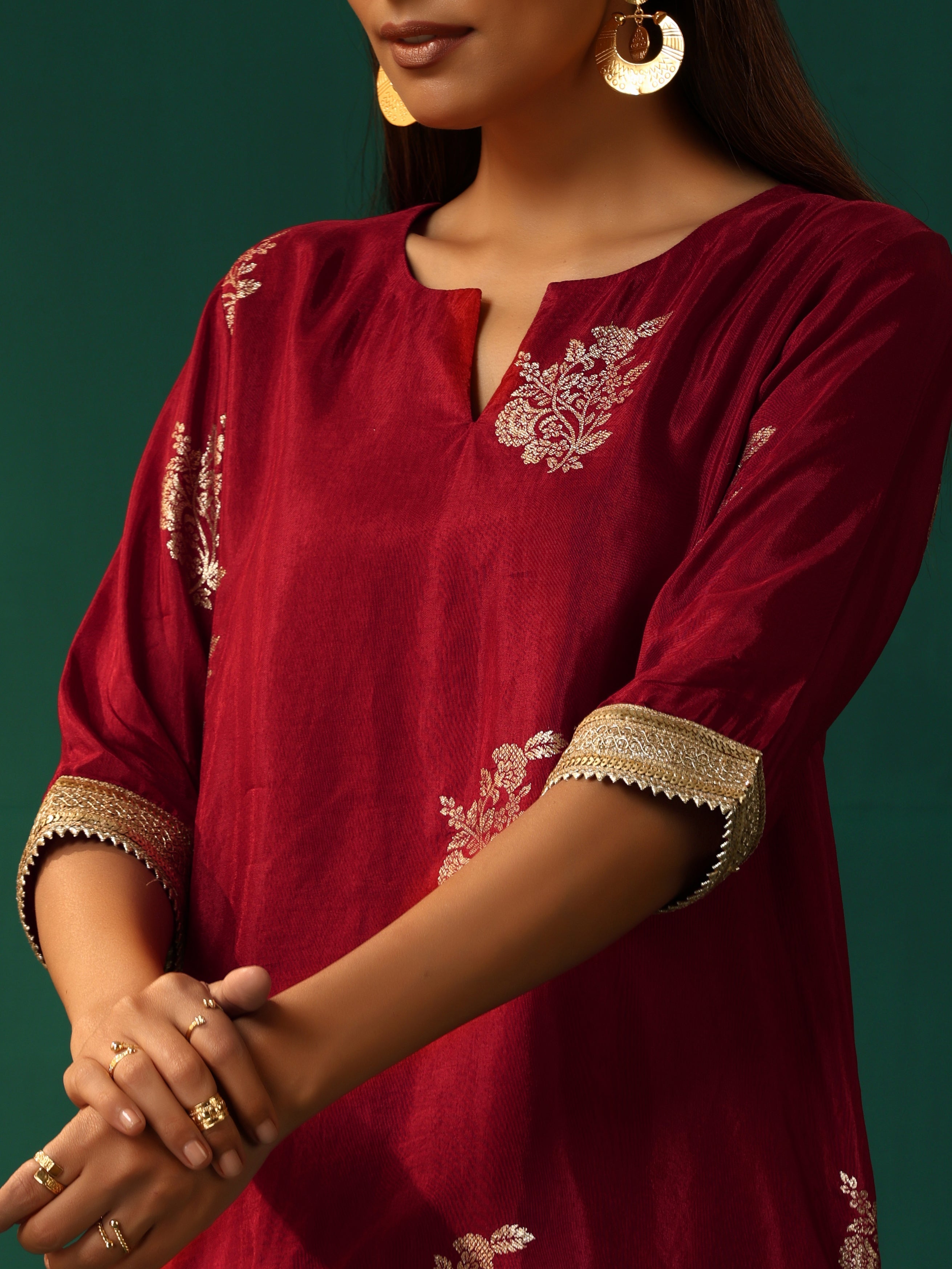 trueBrowns Maroon Floral Viscose Silk High Low Co-ord Set - Distacart